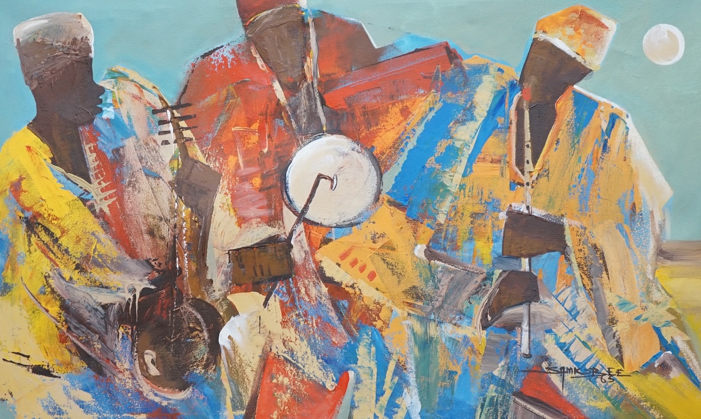 Sam Kobee (Ghanaian), acrylic on canvas, abstract oil on canvas, 'The Third Trio', signed and dated '65, 74 x 119cm. Condition - fair to good, canvas sagging slightly